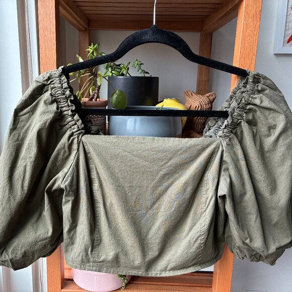 Jason Wu Olive Green Puff Sleeves Square Neck Cropped Top - Picture 1 of 3